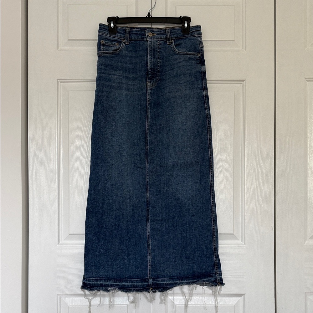 Zara Dark Blue Denim Maxi Skirt with Frayed Hem